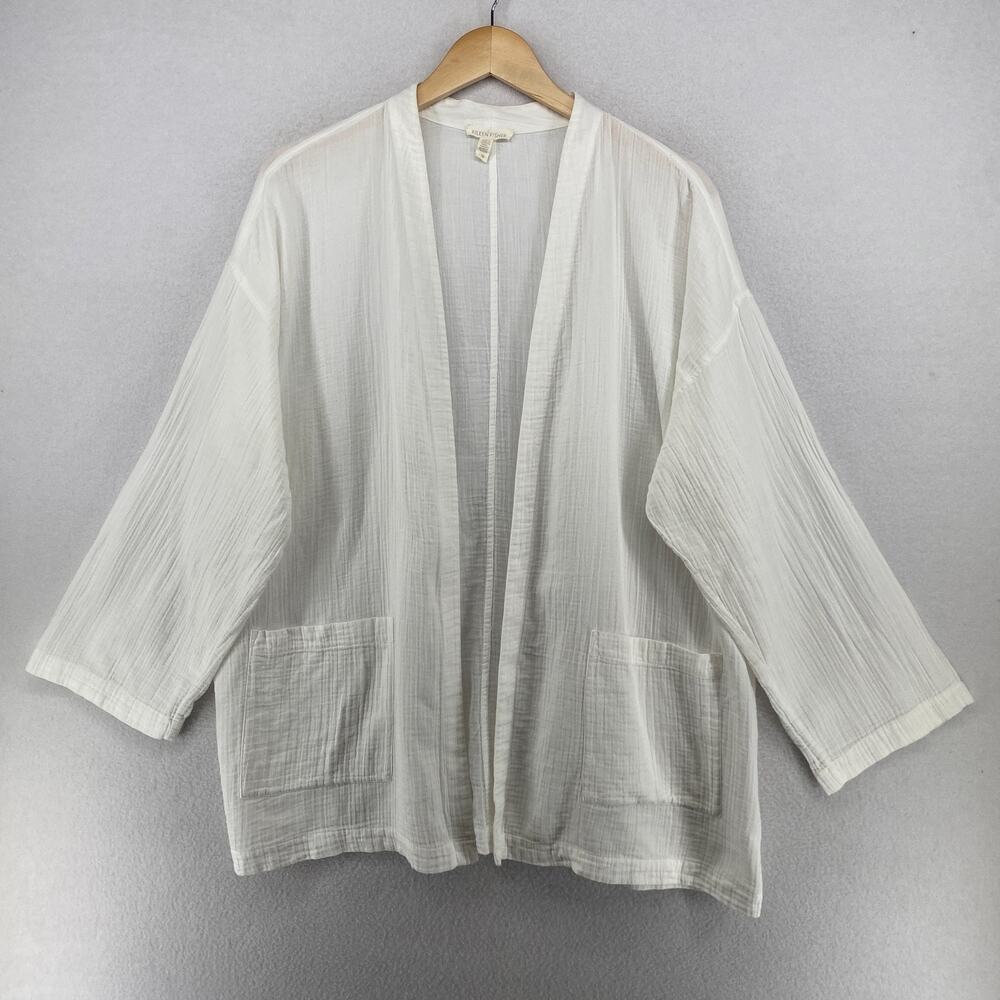 EILEEN FISHER Cardigan L Crinkled Gauze Organic Cotton Kimono Open Front White